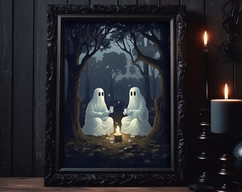 Ghosts drinking tea under the trees, gothic ghost wall art, ghost art print, dark academia art print, halloween poster, ghost painting