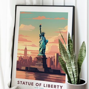The intricate details of Lady Liberty's torch, crown, and flowing robes are showcased in vivid colors, making it a captivating piece of wall art decor.