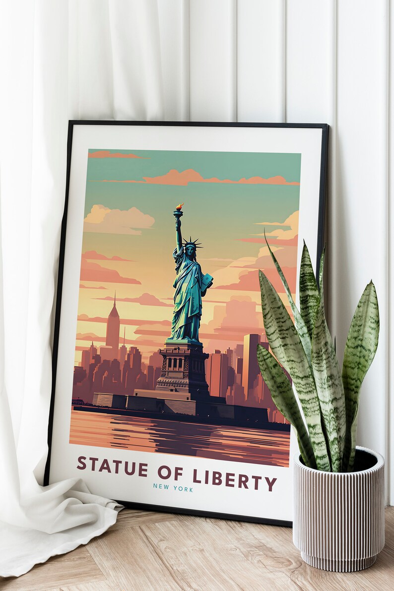 The intricate details of Lady Liberty's torch, crown, and flowing robes are showcased in vivid colors, making it a captivating piece of wall art decor.