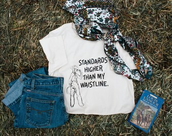 Camiseta unisex de manga corta de estilo vaquero, ranchero y occidental con estándares superiores a mi cintura