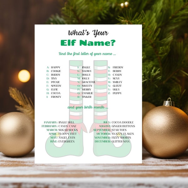 What's Your Elf Name, Fun Christmas Party Game for Kids Teens Adults, Elf Name tag & Sign, December Activity for Birthday, Printable