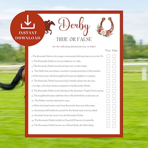 Könnte beinhalten: Ein druckbares Kentucky Derby Richtig oder Falsch Spiel mit 15 Fragen und Kontrollkästchen für Richtig oder Falsch Antworten. Das Spiel ist auf weißem Hintergrund mit rotem Rand und einer floralen Hufeisengrafik.