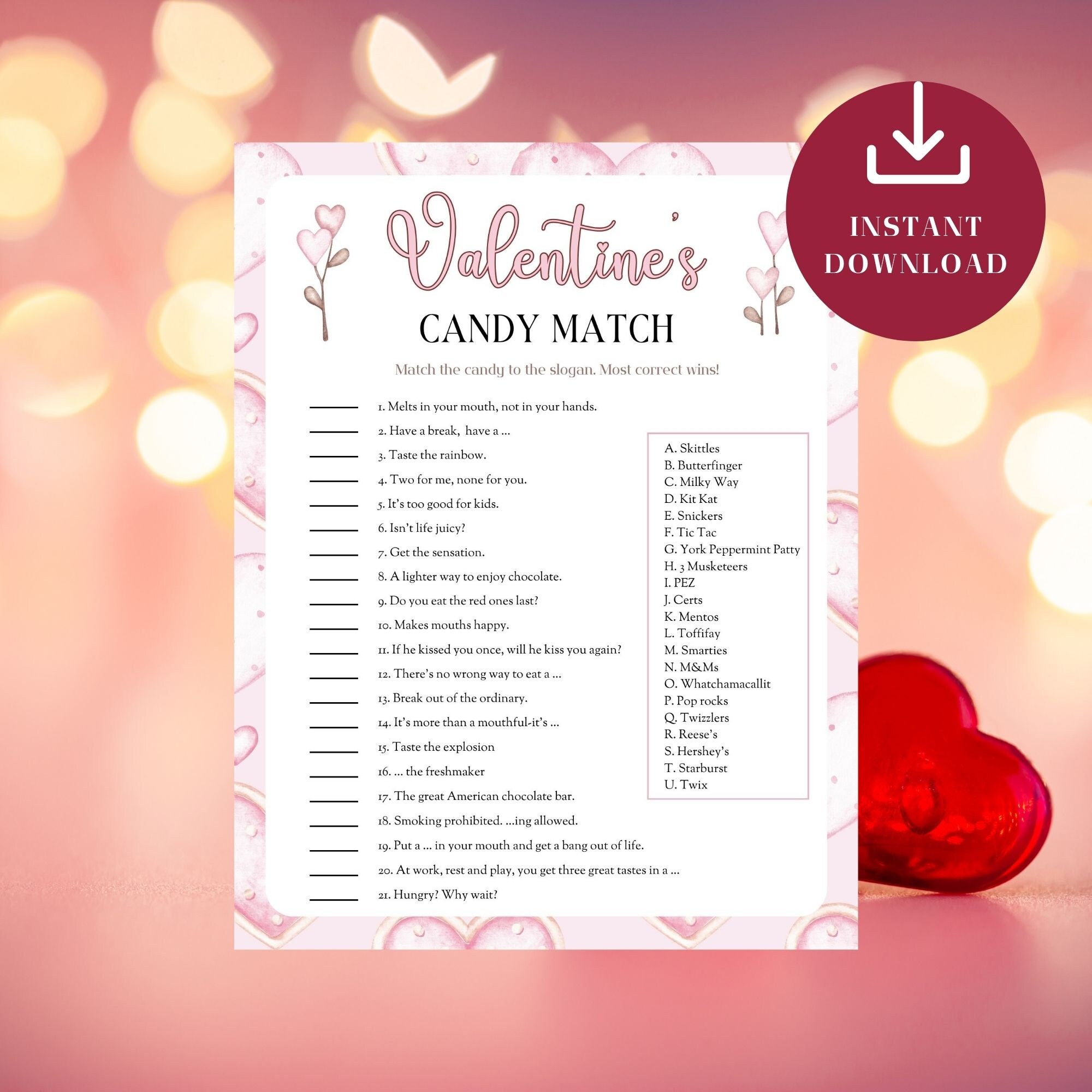 Valentine's Day Party Game Printables, Candy Match Slogans, V Day Last ...