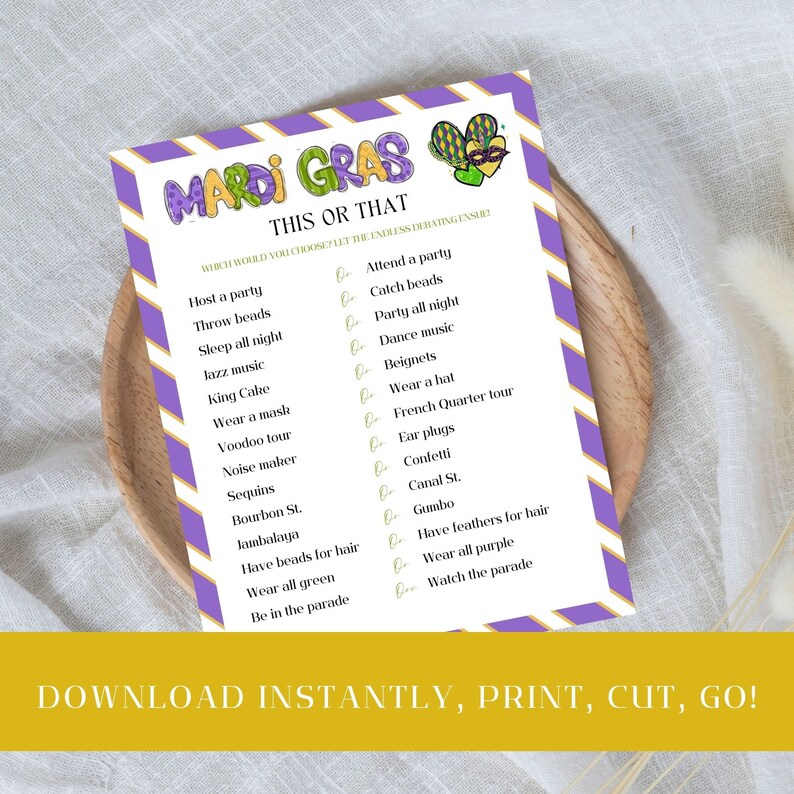 Mardi Gras Party Game, This or That, Mardi Gras Carnival Fun & Easy ...