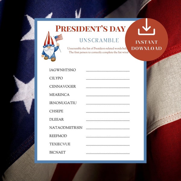 President's Day Party Game, Unscramble Words, For Kids & Adults, Fun Homeschooling Idea, Classroom Activity, Patriotisme, USA History