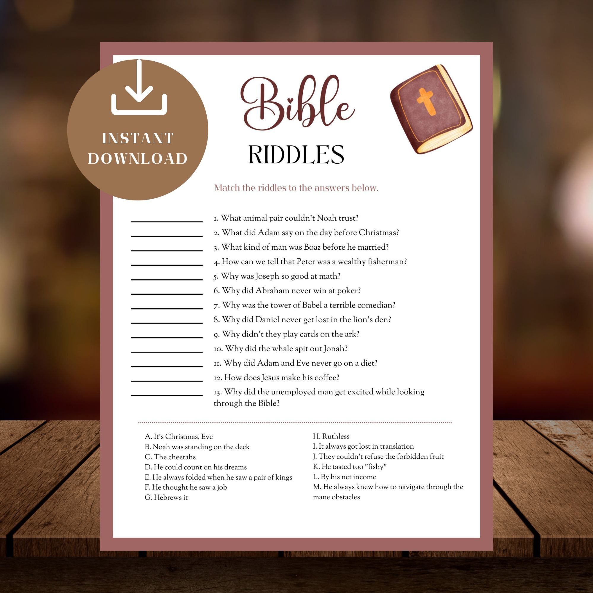 Bible Riddles Game, Fun Sunday School Quiz, Christian Printable, Kids