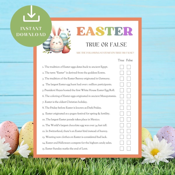 Easter Trivia Party Game, True or False, Fun Spring Activity for Kids Adults Teens Seniors, Family Time, Easy DIY Printable, Bunny Day