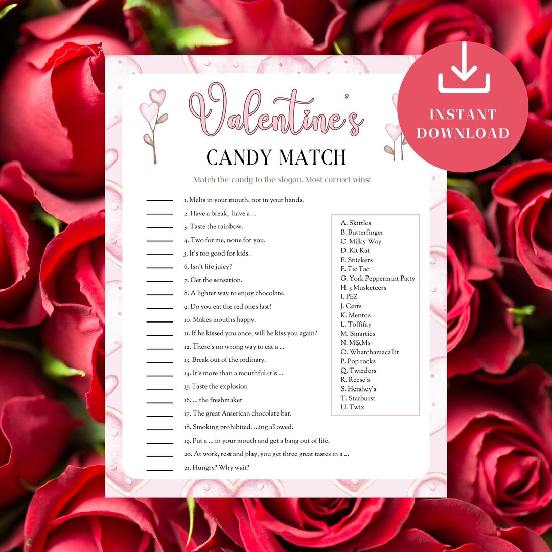 Valentine's Day Party Game Printables, Candy Match Slogans, V Day Last ...