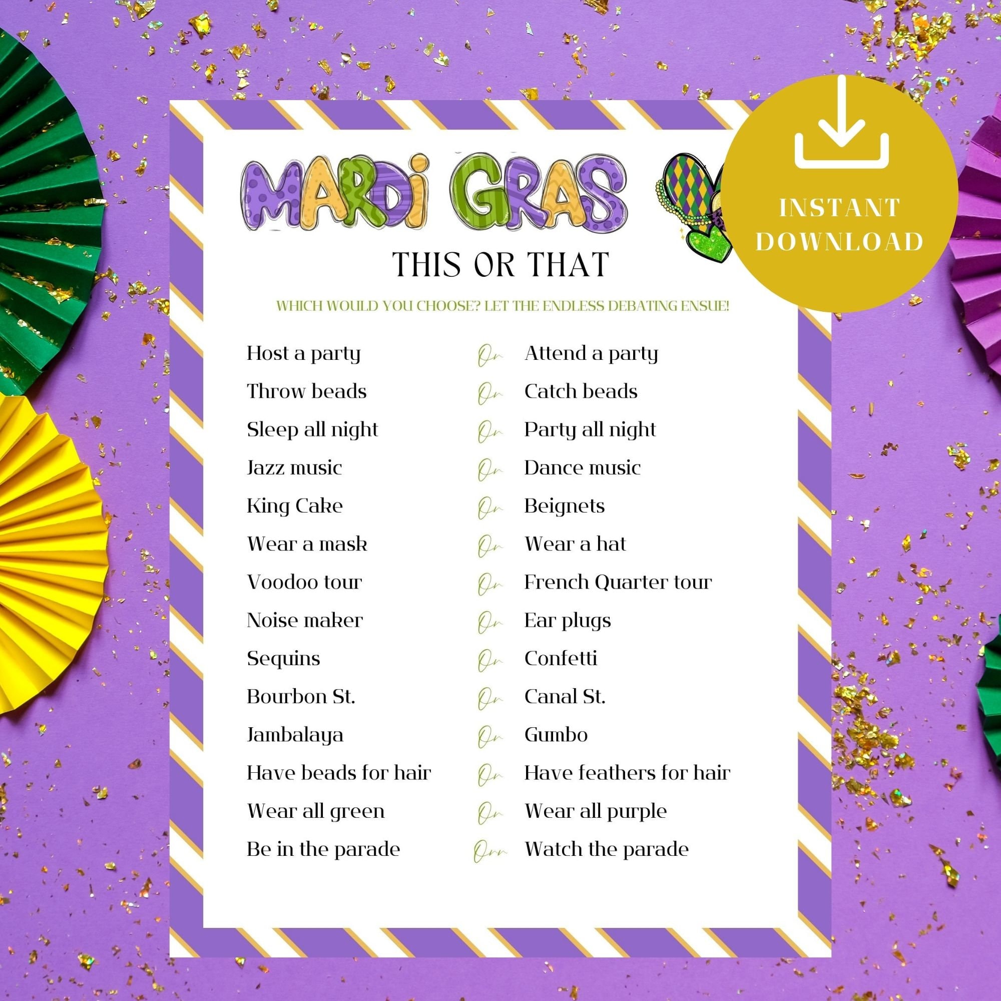 Mardi Gras Party Game, This or That, Mardi Gras Carnival Fun & Easy ...