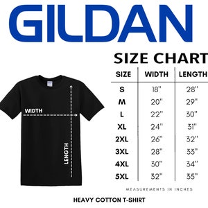 K&ouml;nnte beinhalten: Schwarzes Heavy-Cotton-T-Shirt mit Gr&ouml;&szlig;entabelle. Die Gr&ouml;&szlig;entabelle zeigt Ma&szlig;e in Zoll f&uuml;r die Gr&ouml;&szlig;en S bis 5XL, mit Breiten von 45,7 cm bis 81,3 cm und L&auml;ngen von 71,1 cm bis 88,9 cm. Der Markenname "GILDAN" ist abgebildet.