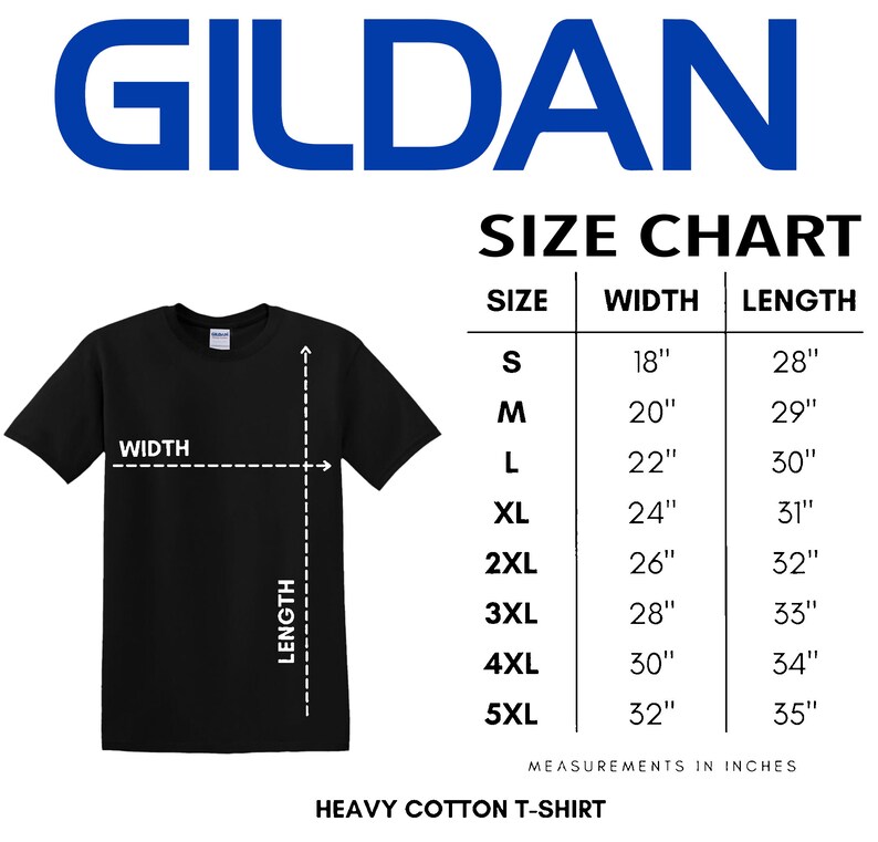 K&ouml;nnte beinhalten: Schwarzes Heavy-Cotton-T-Shirt mit Gr&ouml;&szlig;entabelle. Die Gr&ouml;&szlig;entabelle zeigt Ma&szlig;e in Zoll f&uuml;r die Gr&ouml;&szlig;en S bis 5XL, mit Breiten von 45,7 cm bis 81,3 cm und L&auml;ngen von 71,1 cm bis 88,9 cm. Der Markenname "GILDAN" ist abgebildet.