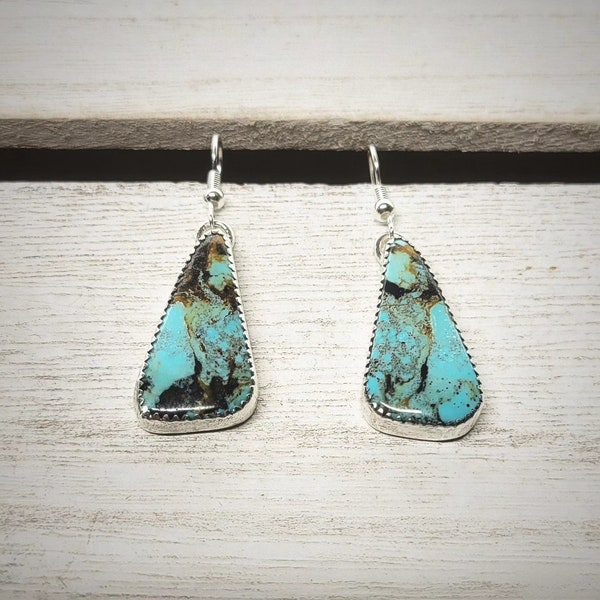 Original Sold - Royston Radiance: 27.60 Carat Triangle Turquoise Earrings in Sterling Silver by La Mano Muse