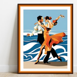 Arte abstracto de bailarinas de tango junto al mar, pintura de pareja bailando, arte de pared decorativo romántico, regalo de decoración del hogar, descarga digital imprimible