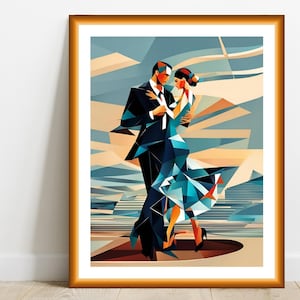 カップルが踊る海辺の抽象アート、ロマンチックな瞬間の絵画、バレンタインの装飾的な壁アートホームデコレーションギフト、印刷可能なデジタルダウンロード