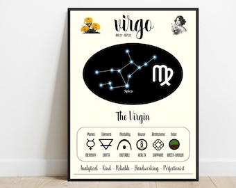 Impresión del zodiaco Virgo: Arte de la constelación astrológica (descarga digital)