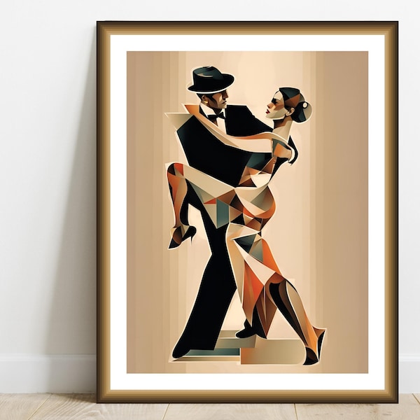 Art abstrait de couple dansant tango, peinture de danseurs romantiques classiques, cadeau de décoration d'intérieur d'art mural rétro, téléchargement numérique imprimable