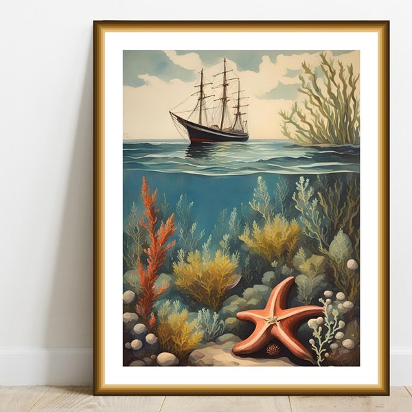 Sailboat Art Print, Vintage Coastal Seascape Illustration, Nautical Wall Art Beach House Yacht Decor, Digital Download