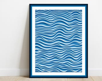 Blauwe golven abstracte kunstprint: kustdecor (digitale download)