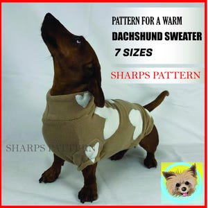 Puede incluir: Un dachshund marrón con un suéter de vellón marrón claro con diseños de corazones blancos. El suéter es para un perro y tiene el texto "PATTERN FOR A WARM  DACHSHUND SWEATER 7 SIZES SHARPS PATTERN" en la imagen.