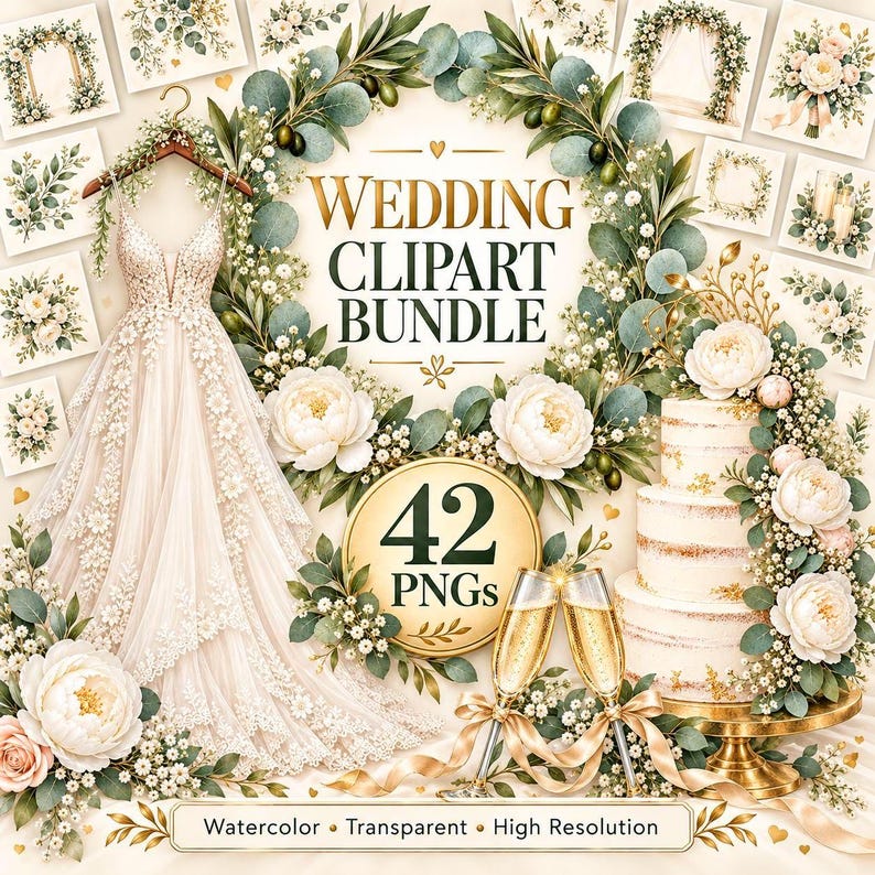 42 PNG Wedding Clipart Set, Watercolor Eucalyptus Gold Wedding Dress ...