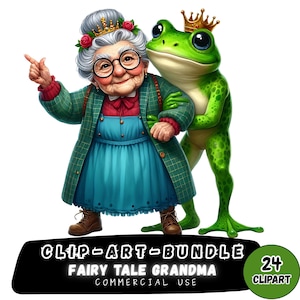 Könnte beinhalten: Eine skurrile Illustration einer Märchenoma mit einem Froschkönig. Die Oma trägt einen grünen Mantel, ein blaues Kleid und eine Brille und zeigt lächelnd. Der Frosch trägt eine Krone. Der Text "CLIP ART BUNDLE FAIRY TALE GRANDMA COMMERCIAL USE" ist enthalten.