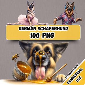 Könnte beinhalten: Digitales Kunstwerk mit einem Deutschen Schäferhund im Tutu, einem anderen mit Kopfhörern und einem dritten mit Honig. Das Bild enthält den Text "GERMAN SCHÄFERHUND 100 PNG" auf einem gelben Banner. Ein kommerzielles Nutzungsetikett befindet sich in der Ecke.