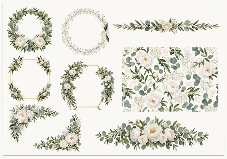 42 PNG Wedding Clipart Set, Watercolor Eucalyptus Gold Wedding Dress ...