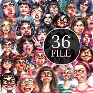 36 Mädchen schneiden Grimasse Clipart, verrückte lustige Mädchen,sofort Download,druckbare Clipart,300 dpi, JPGs, PNGs, hochwertige JPGs,süß