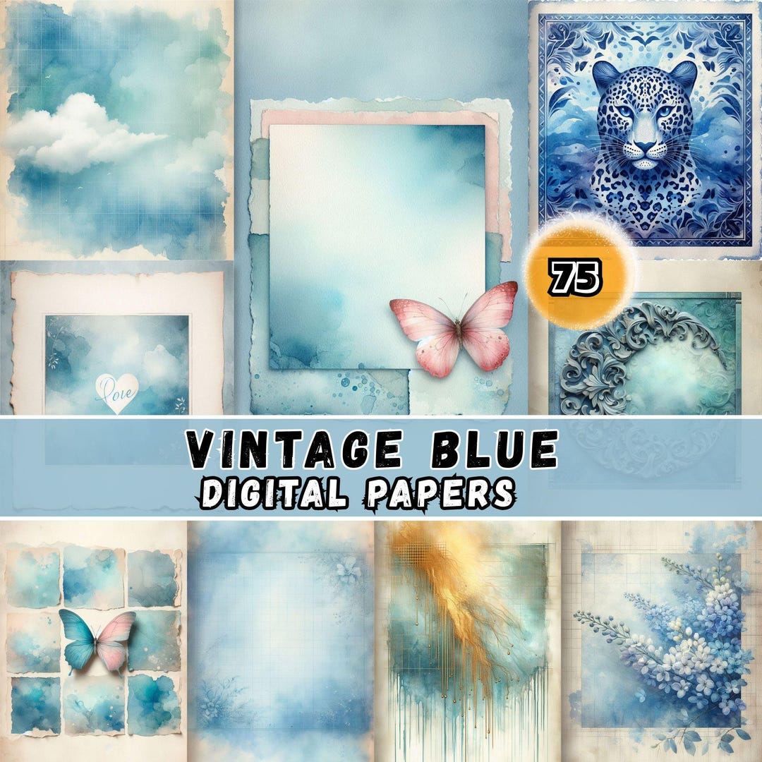 Vintage Blue Junk Journal Kit | Digital Scrapbook Papers | Instant ...