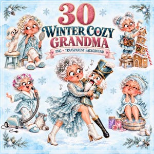 Könnte beinhalten: Eine digitale Sammlung von 30 Winter Cozy Grandma Illustrationen, die eine ältere Figur mit weißem Haar und Brille in verschiedenen Urlaubsszenen zeigt, darunter beim Dekorieren eines Lebkuchenhauses, Singen und Tanzen.