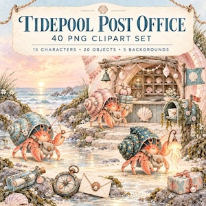 Könnte beinhalten: Ein digitales Clipart-Set mit dem Titel Tidepool Post Office, bestehend aus 40 PNG-Dateien mit 15 Charakteren, 20 Objekten und 5 Hintergründen. Die Illustration zeigt Einsiedlerkrebse in Muscheln, ein muschelförmiges Postamt, einen Kompass und Briefe.