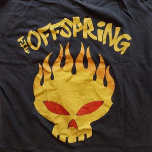 May include: Black t-shirt featuring a yellow and red flaming skull graphic. The text "THE OFFSPRING" is arched above the skull in yellow. The shirt is made of a soft, dark fabric.