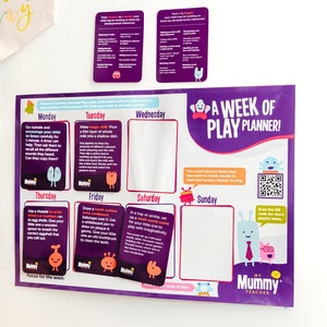 Planificador de juegos para recién nacidos y niños pequeños. Para usar con todas las tarjetas de aprendizaje a través del juego de My Mummy Teacher. Favorece el desarrollo del juego de bebés y niños pequeños.