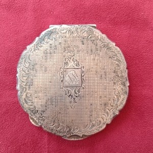 Cipria per il trucco vintage, argento antico, argento, compatta, custodia, scatola con specchio,