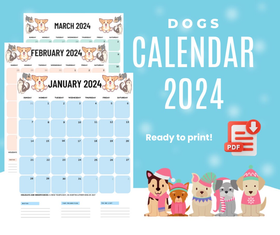 Printable Dogs Calendar 2024 Monthly Planner 2024 Ready to Print