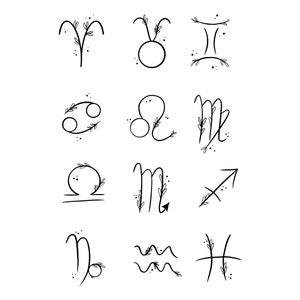 May include: Black and white line art illustrations of the 12 zodiac signs with floral accents.
