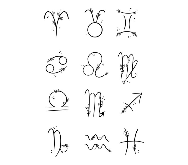 May include: Black and white line art illustrations of the 12 zodiac signs with floral accents.