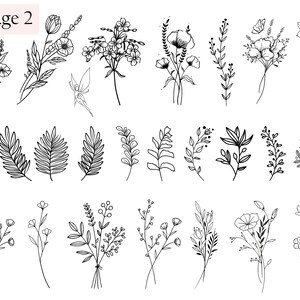 May include: A collection of 24 black and white line drawings of various flowers, leaves, and branches. The drawings are simple and elegant, and would be perfect for use in a variety of creative projects.