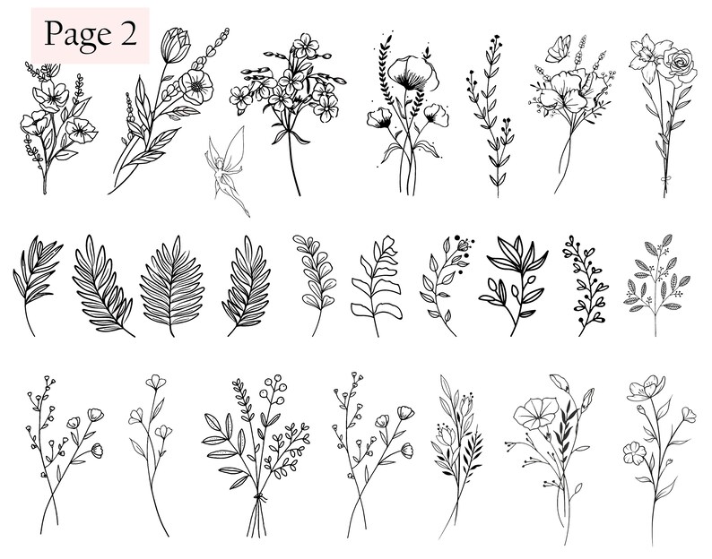 May include: A collection of 24 black and white line drawings of various flowers, leaves, and branches. The drawings are simple and elegant, and would be perfect for use in a variety of creative projects.
