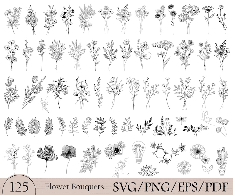 May include: A set of 125 black and white flower bouquet illustrations. The bouquets are made up of various flowers, leaves, and stems. The illustrations are in a simple, minimalist style.
