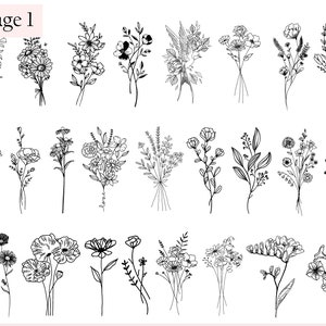 May include: A collection of 30 black and white line drawings of various floral bouquets and individual flowers. The drawings are simple and elegant, perfect for use in digital or printed projects.