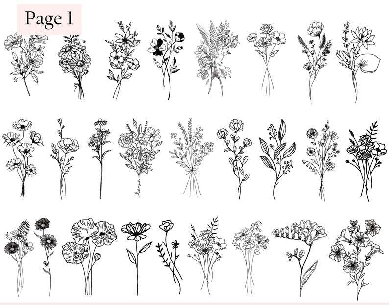 May include: A collection of 30 black and white line drawings of various floral bouquets and individual flowers. The drawings are simple and elegant, perfect for use in digital or printed projects.