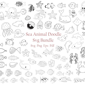 100 Animal Marino Doodle Svg Paquete Cricut Bebé Tortuga Silueta Océano Peces Clipart Vinilo Corte Láser Archivo Delfín Wale Caballito de Mar Cangrejo