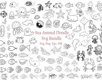 100 Sea Animal Doodle Svg Bundle Cricut Baby Turtle Silhouette Ocean Fish Clipart Vinyl Laser Cut File Dolphin Wale Seahorse Crab