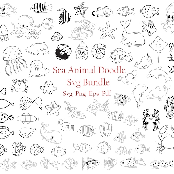 100 animali marini Doodle Svg Bundle Cricut Baby tartaruga sagoma oceano pesce Clipart vinile taglio laser File Dolphin Wale cavalluccio marino granchio