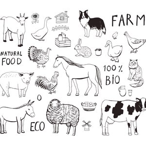 May include: Black and white line drawing illustration of farm animals, including a cow, pig, sheep, horse, donkey, goat, rooster, turkey, goose, rabbit, cat, and dog. The illustration also includes a farmhouse, a basket of eggs, a windmill, a pitcher, a glass, and a box of produce. The text "FARM", "NATURAL FOOD", "100% BIO", and "ECO" are also included in the illustration.