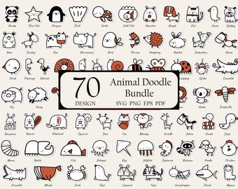 Cute Animal Doodle SVG Bundle | 70 Designs (PNG, SVG)