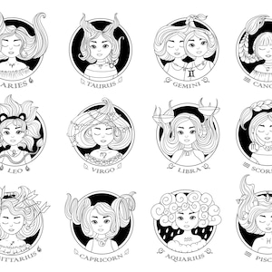 May include: Black and white line art illustrations of the 12 zodiac signs, each depicted as a woman with astrological symbols. The signs are Aries, Taurus, Gemini, Cancer, Leo, Virgo, Libra, Scorpio, Sagittarius, Capricorn, Aquarius, and Pisces.