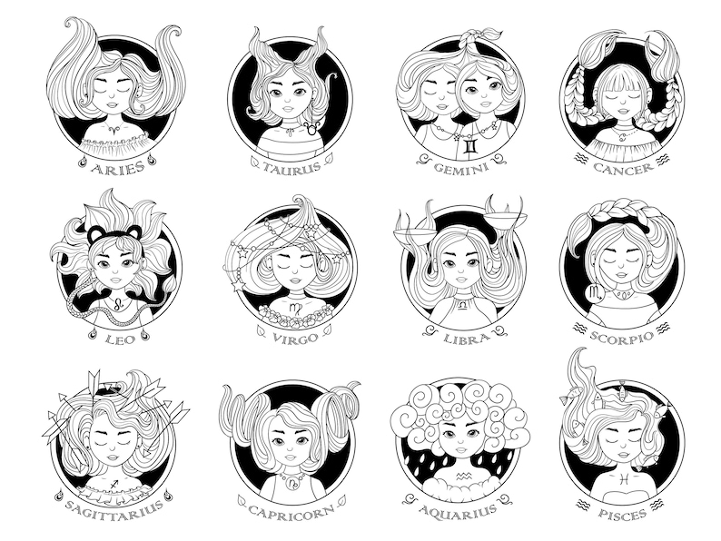 May include: Black and white line art illustrations of the 12 zodiac signs, each depicted as a woman with astrological symbols. The signs are Aries, Taurus, Gemini, Cancer, Leo, Virgo, Libra, Scorpio, Sagittarius, Capricorn, Aquarius, and Pisces.