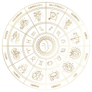 May include: A gold zodiac wheel with the twelve astrological signs and their symbols. The signs are arranged in a circle with the sun and moon in the center.
